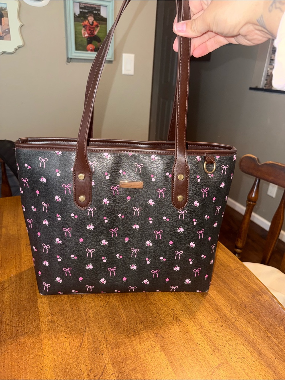 Stylish Brown Tote Bag with Pink Bow Print